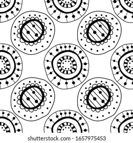 Black and white seamless pattern of decorative circles. Abstract, fantasy items for coloring book