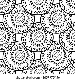 Black and white seamless pattern of decorative circles. Abstract, fantasy items for coloring book