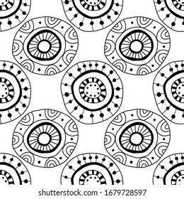 Black and white seamless pattern of decorative circles. Abstract, fantasy items for coloring book
