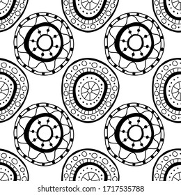 Black and white seamless pattern of decorative circles. Abstract, fantasy items for coloring book.