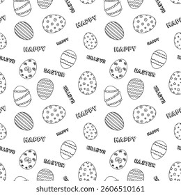 Black and white seamless pattern with decorative Easter eggs featuring various designs, and - Happy Easter - text. Perfect for coloring page, wrapping paper and festive projects.