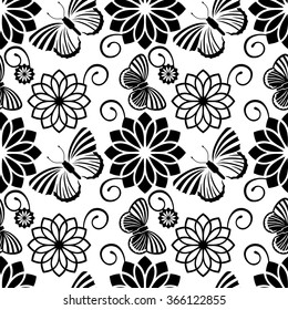 Black and white seamless pattern with decorative flowers and butterflies