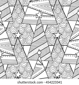 Black and white seamless pattern with decorative Christmas trees for coloring book. Winter, festive background. 