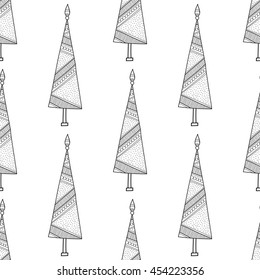 Black and white seamless pattern with decorative Christmas trees for coloring book. Winter, festive background. 