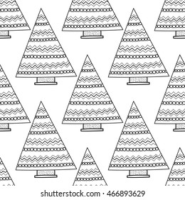 Black and white seamless pattern with decorative Christmas trees for coloring book. Winter, festive background. Vector illustration