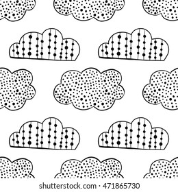 Black and white seamless pattern with decorative clouds for coloring.