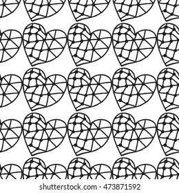 Black and white seamless pattern with decorative hearts for coloring