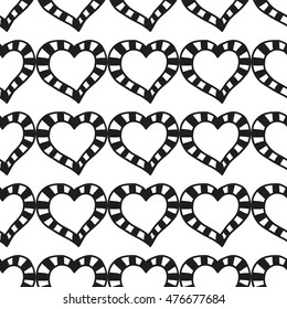 Black and white seamless pattern with decorative hearts for coloring