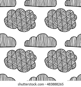 Black and white seamless pattern with decorative clouds for coloring.