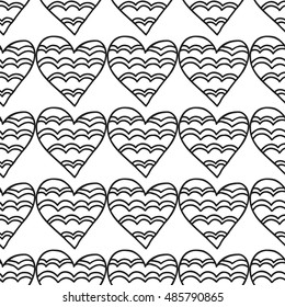 Black and white seamless pattern with decorative hearts for coloring