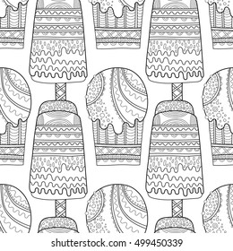 Black white seamless pattern with decorative ice cream for coloring.