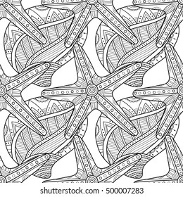 Black white seamless pattern with decorative sea shells for coloring