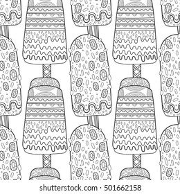 Black white seamless pattern with decorative ice cream for coloring.