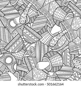 Black, white seamless pattern with decorative mushrooms for coloring book