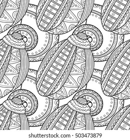 Black white seamless pattern with decorative sea shells for coloring