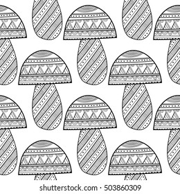 Black, white seamless pattern with decorative mushrooms for coloring book