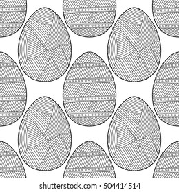 Black, white seamless pattern of decorative eggs for coloring page.