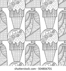 Black and white seamless pattern with decorative ice cream for coloring book. Vector illustration