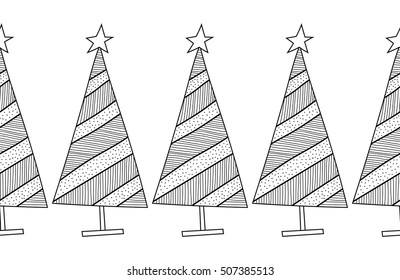 Black and white seamless pattern with decorative Christmas trees for coloring book. Winter, festive background. Vector illustration