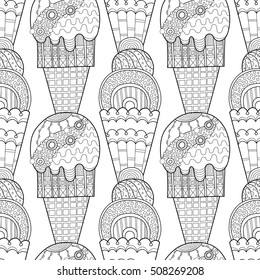 Black white seamless pattern with decorative ice cream for coloring.