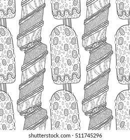 Black white seamless pattern with decorative ice cream for coloring.