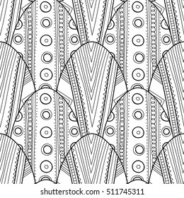 Black, white seamless pattern of decorative eggs for coloring page.