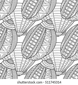 Black white seamless pattern with decorative sea shells for coloring