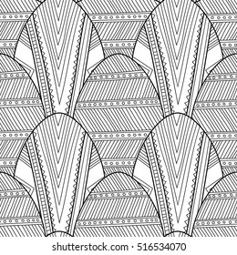 Black, white seamless pattern of decorative eggs for coloring page.