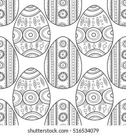 Black, white seamless pattern of decorative eggs for coloring page.