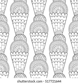 Black white seamless pattern with decorative ice cream for coloring.