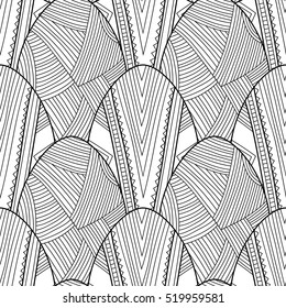 Black, white seamless pattern of decorative eggs for coloring page.