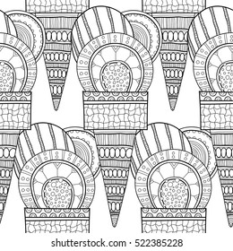 Black white seamless pattern with decorative ice cream for coloring.