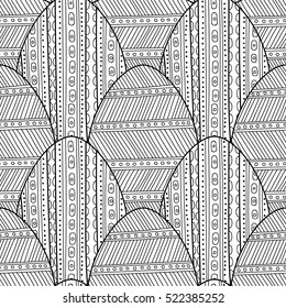 Black, white seamless pattern of decorative eggs for coloring page.