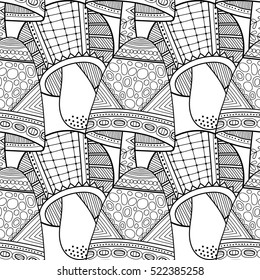 Black, white seamless pattern with decorative mushrooms for coloring book