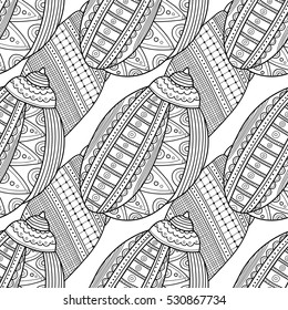 Black white seamless pattern with decorative sea shells for coloring