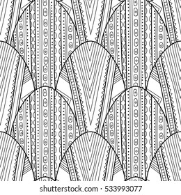 Black, white seamless pattern of decorative eggs for coloring page.