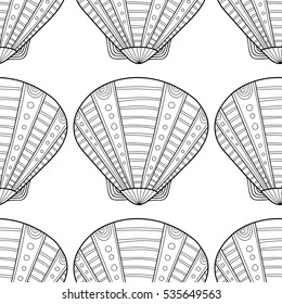 Black white seamless pattern with decorative sea shells for coloring