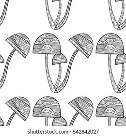 Black, white seamless pattern with decorative mushrooms for coloring book