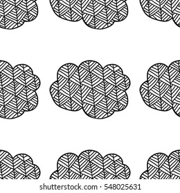 Black and white seamless pattern with decorative clouds for coloring.