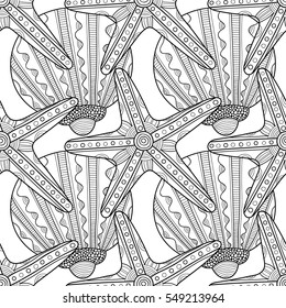 Black white seamless pattern with decorative sea shells for coloring