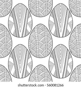 Black, white seamless pattern of decorative eggs for coloring page.