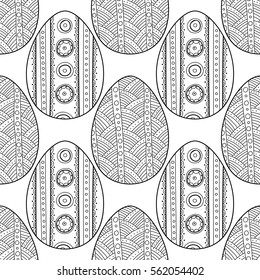 Black, white seamless pattern of decorative eggs for coloring page.