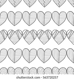 Black and white seamless pattern with decorative hearts for coloring.