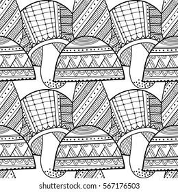 Black, white seamless pattern with decorative mushrooms for coloring book