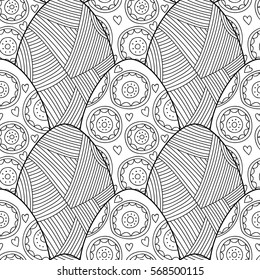 Black, white seamless pattern of decorative eggs for coloring page.
