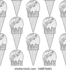 Black white seamless pattern with decorative ice cream for coloring.