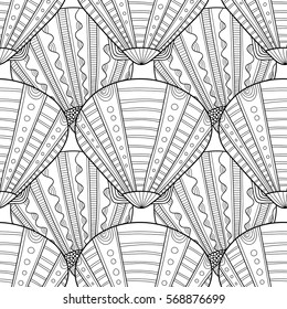 Black white seamless pattern with decorative sea shells for coloring