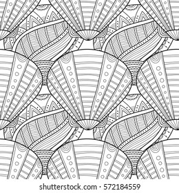 Black white seamless pattern with decorative sea shells for coloring