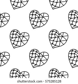 Black and white seamless pattern with decorative hearts for coloring