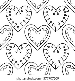 Black and white seamless pattern with decorative hearts for coloring book, page. Romantic ornament.
